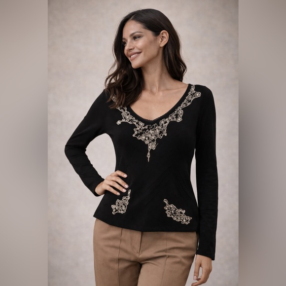 Betsy Johnson Black Embellished Lace Trim Top | Size 10 | Like New - Picture 6 of 6